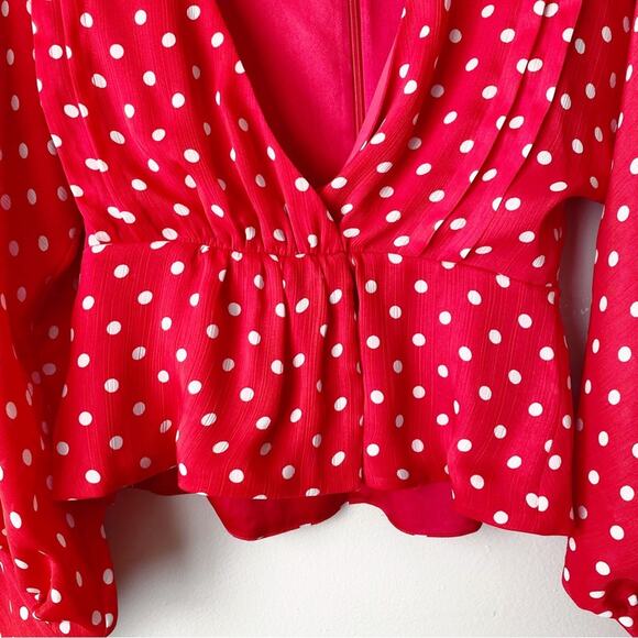 Tularosa | Amber Top Blouse Polka Dot Deep V-neck Date Red White Revolve XS - Picture 6 of 9